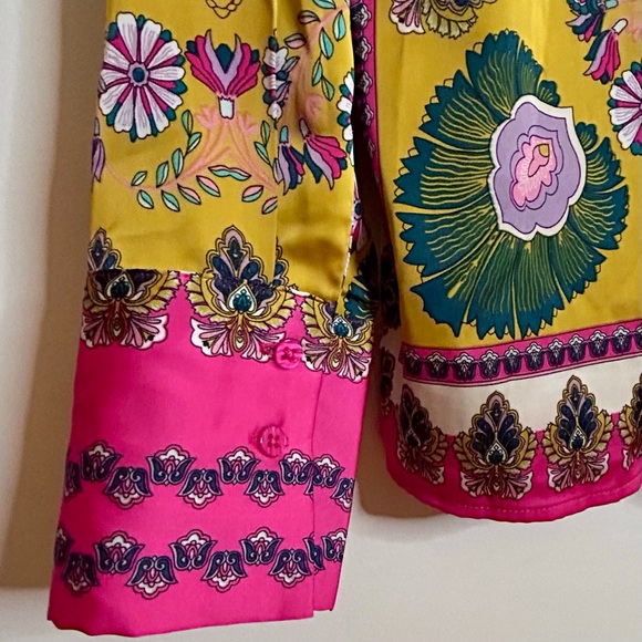 Rachel Zoe Boho Button Down Shirt Mustard Yellow & Fuchsia Collared Print Top XS - Picture 10 of 14